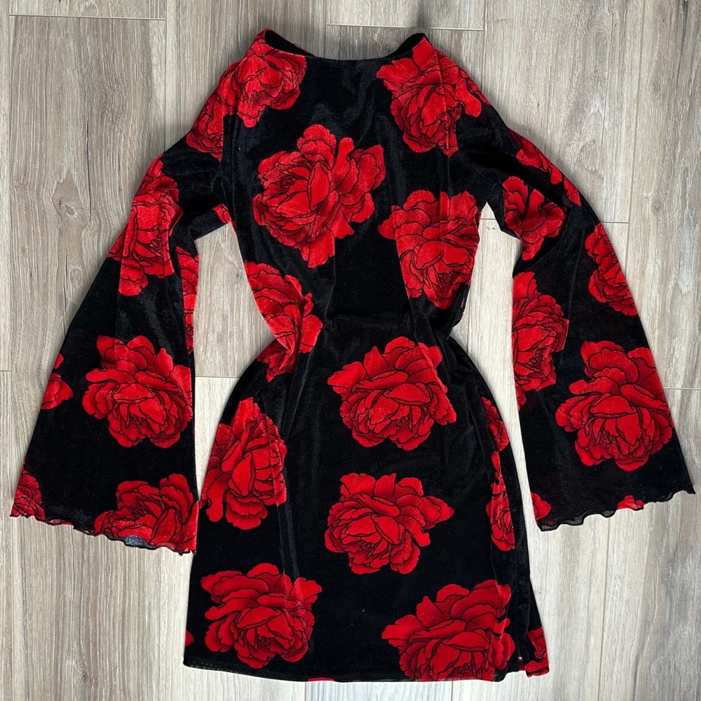 Velvet Rose Burnout Bell Sleeve Open Back Mini Dress XL Whimsigoth Dark Romantic